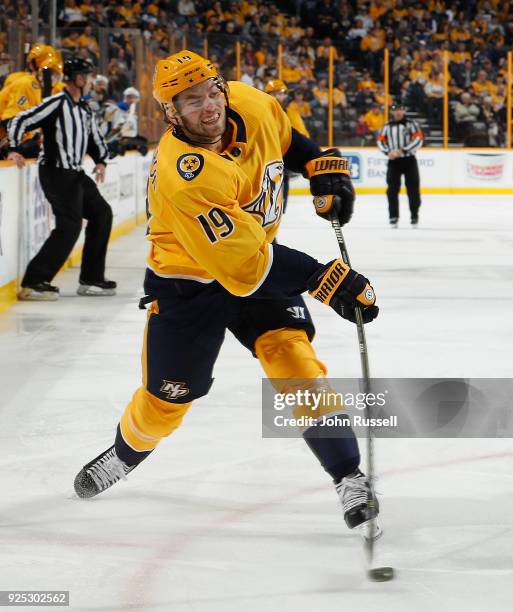 Calle Jarnkrok of the Nashville Predators skates against the St. Louis Blues during an NHL game at Bridgestone Arena on February 25, 2018 in...