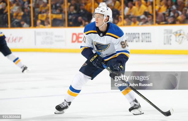 Nikita Soshnikov of the St. Louis Blues skates against the Nashville Predators during an NHL game at Bridgestone Arena on February 25, 2018 in...