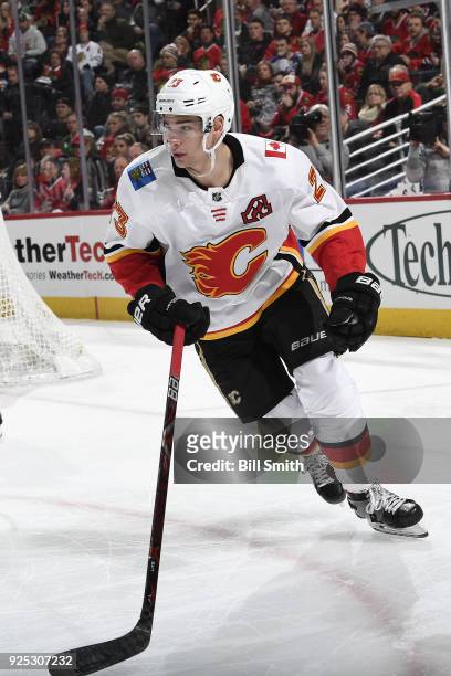 Sean Monahan of the Calgary Flames watches for the puck in the second period against the Chicago Blackhawks at the United Center on February 6, 2018...