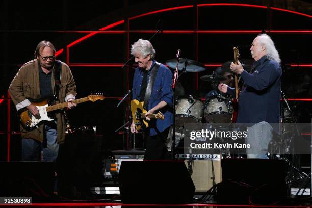 Stephen Stills, Graham Nash and David Crosby of Crosby, Stills and Nash perform onstage at the 25th Anniversary Rock & Roll Hall of Fame Concert at...