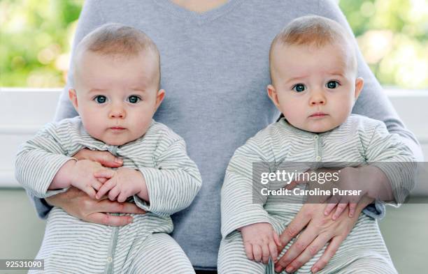 mother holding twin baby boys - tweeling stockfoto's en -beelden