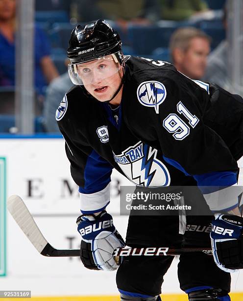 Steven Stamkos of the Tampa Bay Lightning rests during a break in the action against the Ottawa Senators at the St. Pete Times Forum on October 29,...