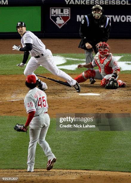 Mark Teixeira of the New York Yankees hits a solo home run in the fourth inning against the Philadelphia Phillies in Game Two of the 2009 MLB World...