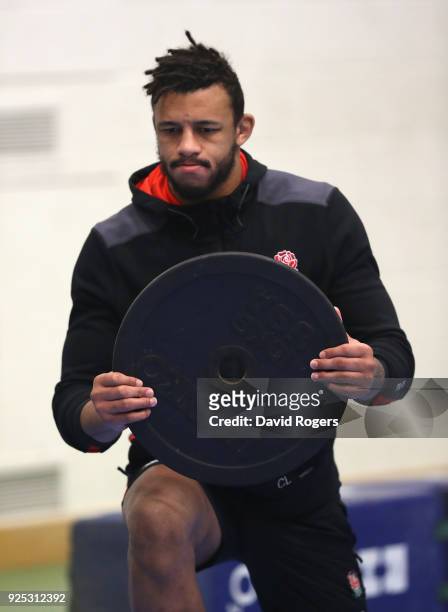 Courtney Lawes carries a weight during the England conditioning session held at Nuffield Health Centre on February 28, 2018 in Oxford, England.