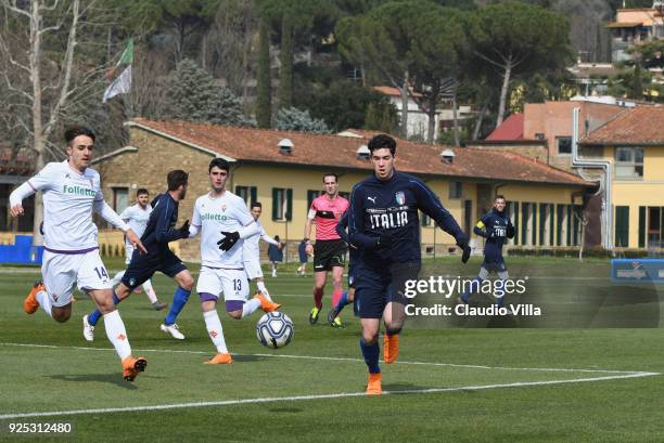 Alessandro Bastoni of Italy in action during the friendly match between Italy and Fiorentina U19 at Coverciano on February 28, 2018 in Florence,...