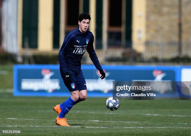 Alessandro Bastoni of Italy in action during the friendly match between Italy and Fiorentina U19 at Coverciano on February 28, 2018 in Florence,...