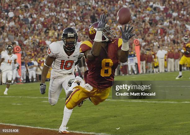 Ronald Johnson of the USC Trojans dives and catches a touchdwon pass against the Oregon State Beavers on October 24, 2009 at the Los Angeles Coliseum...