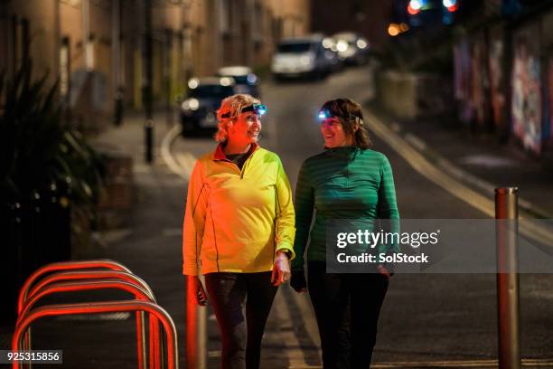 twee vrienden samen te wandelen 's nachts - avondschemering stockfoto's en -beelden