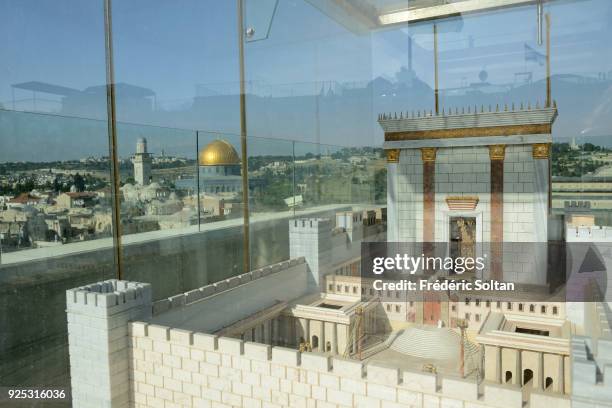 Model of the Second Jewish Holy Temple, in front of the esplanade of the Western Wall, in the Old City of Jerusalem at the foot of the western side...