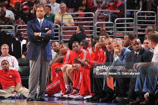 Head coach Eddie Jordan of the Philadelphia 76ers looks on from the sideline during the game against the New Jersey Nets on October 9, 2009 at the...