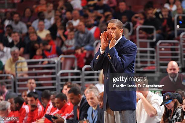 Head coach Eddie Jordan of the Philadelphia 76ers looks on from the sideline during the game against the New Jersey Nets on October 9, 2009 at the...