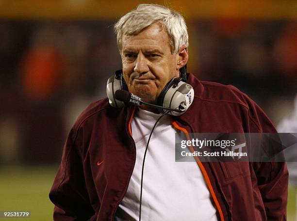 Head coach Frank Beamer of the Virginia Tech University Hokies reacts as he walks the sidelines during the second half of the game against the North...