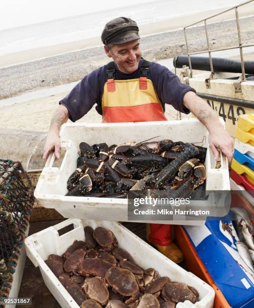 fisherman on cromer beach with his catch  - fisherman stock pictures, royalty-free photos & images