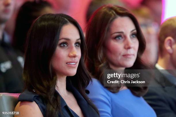 Meghan Markle and Catherine, Duchess of Cambridge attend the first annual Royal Foundation Forum held at Aviva on February 28, 2018 in London,...
