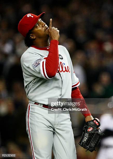 Starting pitcher Pedro Martinez of the Philadelphia Phillies comes out of the game in the seventh inning against the New York Yankees in Game Two of...