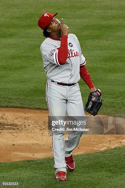 Starting pitcher Pedro Martinez of the Philadelphia Phillies comes out of the game in the seventh inning against the New York Yankees in Game Two of...