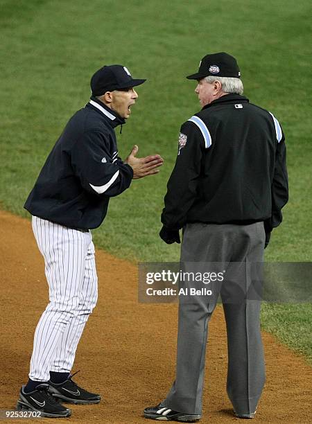 Manager Joe Girardi of the New York Yankees argues after a call with umpire Brian Gorman in the seventh inning against the Philadelphia Phillies in...