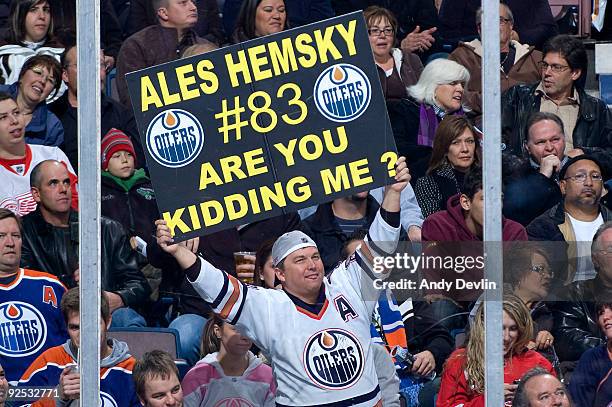 Fan shows off his sign in tribute to Ales Hemsky of the Edmonton Oilers during a game against the Detroit Red Wings at Rexall Place on October 29,...
