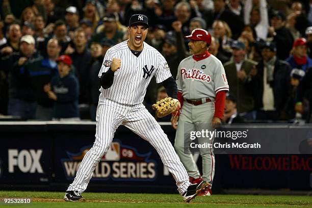 Mark Teixeira of the New York Yankees reacts after a double play to end the eighth inning against the Philadelphia Phillies in Game Two of the 2009...