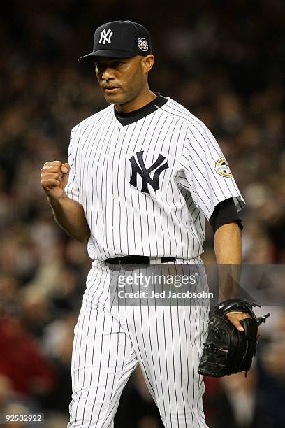 Mariano Rivera of the New York Yankees reacts after closing the eighth inning against the Philadelphia Phillies in Game Two of the 2009 MLB World...