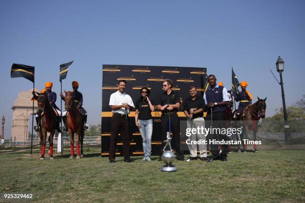 India's Jeev Milkha Singh, Actress Gul Panag, British golfer Ian Poulter, Asif Adil Managing Dir Diageo India and Vijay Singh of Fiji pose for a...