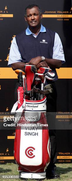 Vijay Singh of Fiji poses for a photograph during a welcoming ceremony ahead of the Johnnie Walker Classic tournament at India Gate in New Delhi.