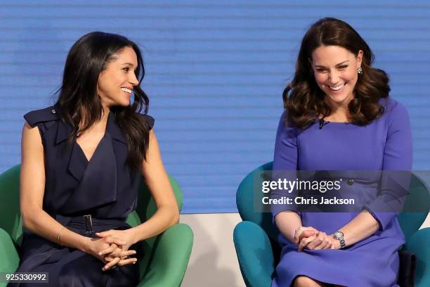 Meghan Markle and Catherine, Duchess of Cambridge attend the first annual Royal Foundation Forum held at Aviva on February 28, 2018 in London,...