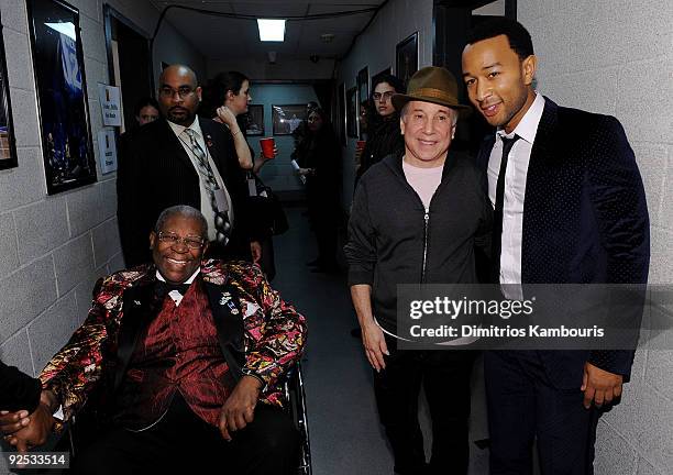 King, Paul Simon and John Legend attend the 25th Anniversary Rock & Roll Hall of Fame Concert at Madison Square Garden on October 29, 2009 in New...