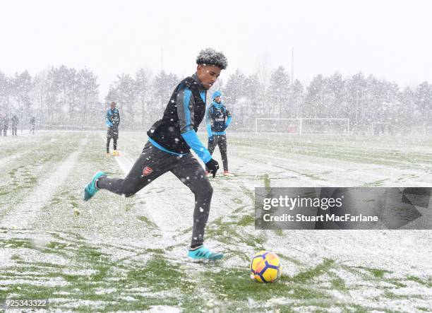 Reiss Nelson of Arsenal during a training session at London Colney on February 28, 2018 in St Albans, England.