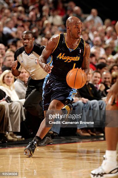 Chauncey Billups of the Denver Nuggets drives down the court during the game against the Portland Trail Blazers on October 29, 2009 at Rose Garden...