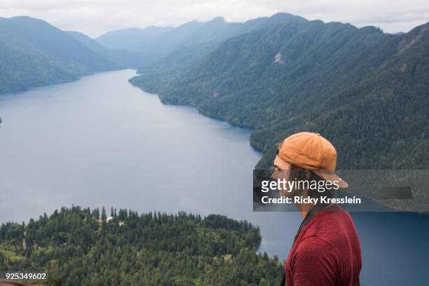 man looks over fjordfrom mountain - ricky kresslein stock-fotos und bilder