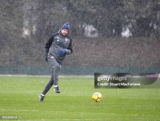 Arsenal manager Arsene Wenger during a training session at London Colney on February 28, 2018 in St Albans, England.