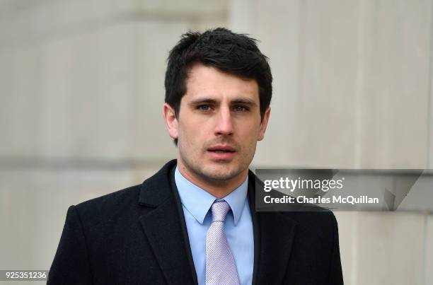 Blane McIlroy arrives at Belfast Laganside courts on February 28, 2018 in Belfast, Northern Ireland. Ireland and Ulster rugby players Paddy Jackson...