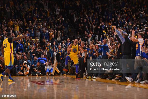 Stephen Curry of the Golden State Warriors yells and celebrates during the game against the Oklahoma City Thunder on February 24, 2018 at ORACLE...