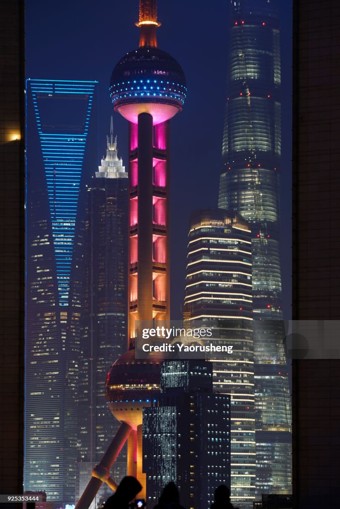 Shanghai city four famous building in one frame:Oriental pearl tower,shanghai tower,Jinmao and International finance center