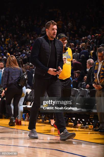 Former NBA player, David Lee attends the Oklahoma City Thunder game against the Golden State Warriors on February 24, 2018 at ORACLE Arena in...