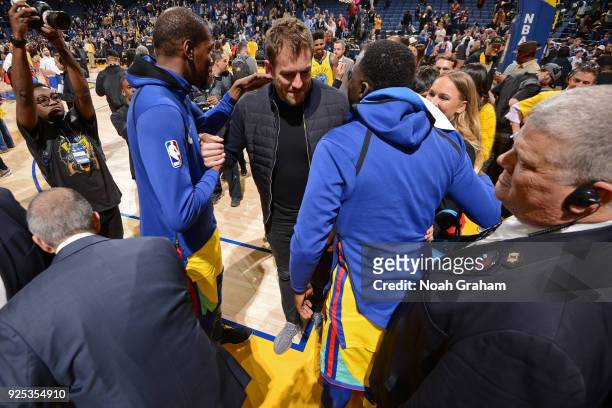 Former NBA player, David Lee talks with Kevin Durant and Draymond Green of the Golden State Warriors after the game against the Oklahoma City Thunder...