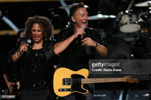 Darlene Love and Bruce Springsteen perform onstage at the 25th Anniversary Rock & Roll Hall of Fame Concert at Madison Square Garden on October 29,...