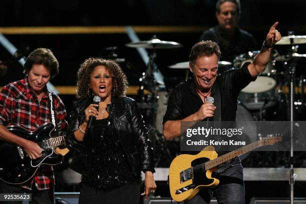 John Fogerty, Darlene Love and Bruce Springsteen perform onstage at the 25th Anniversary Rock & Roll Hall of Fame Concert at Madison Square Garden on...