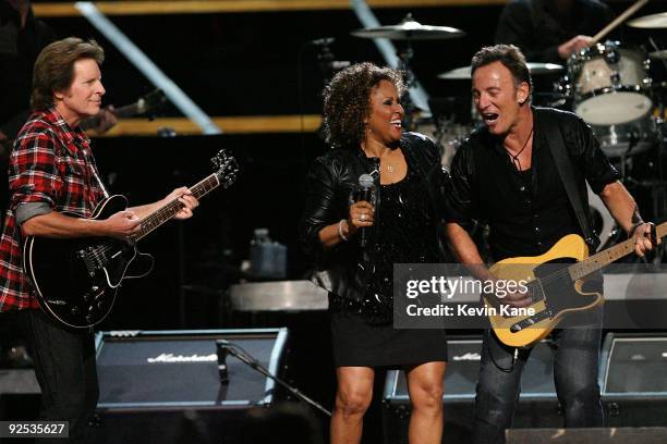 John Fogerty, Darlene Love and Bruce Springsteen perform onstage at the 25th Anniversary Rock & Roll Hall of Fame Concert at Madison Square Garden on...