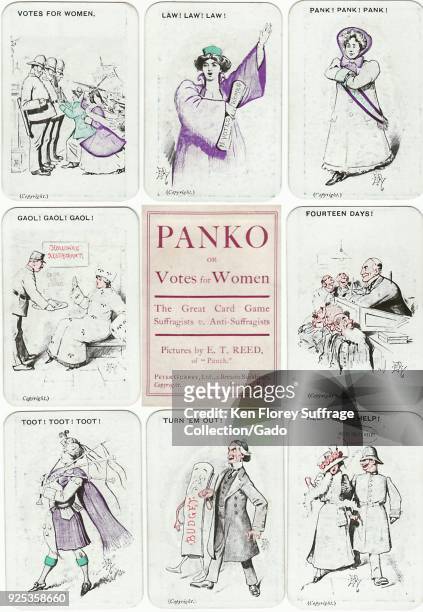 Box cover and eight playing cards from the suffrage-related card game "Panko, " featuring illustrations by cartoonist ET Reed of "Punch" magazine,...