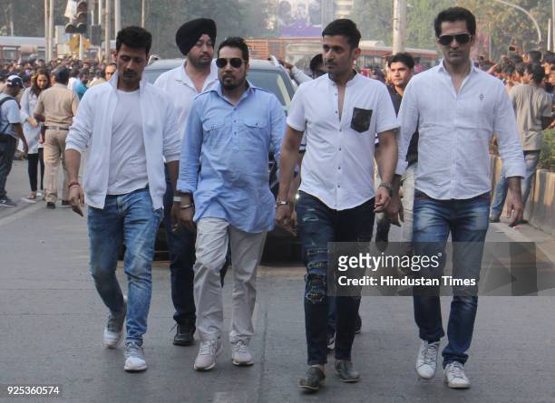 Indian Bollywood singers Mika singh and Meet Brothers attend the funeral of legendary late Bollywood actress Sridevi Kapoor at Vile Parle on February...