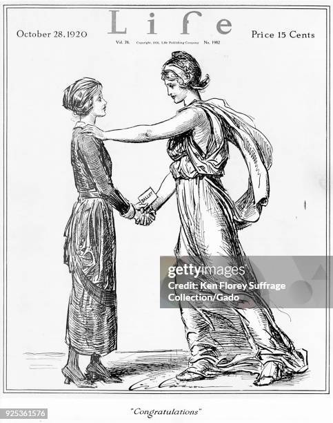 Black and white magazine cover, depicting Lady Liberty, congratulating a woman on the passage of the National Suffrage Amendment in 1920, captioned...