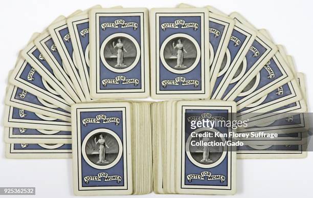 Suffrage memorabilia deck of playing cards, with a crest depicting a version of lady justice, used as a symbol of the International Woman Suffrage...
