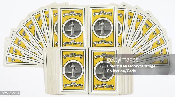 Suffrage memorabilia deck of playing cards, with a crest depicting a version of lady justice, used as a symbol of the International Woman Suffrage...