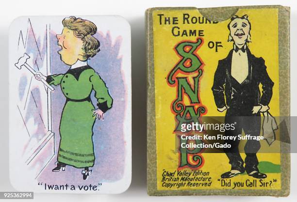 Suffragette card and box cover from the Chad Valley Edition of the English card game "Snap, " with a suffragette, wearing a green dress, depicted...