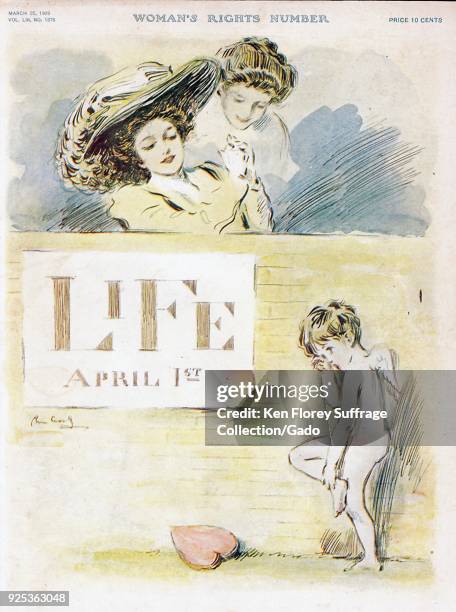 Color magazine cover, depicting two young women, looking impassively, over a wall toward an injured cupid, representing both children and love, with...