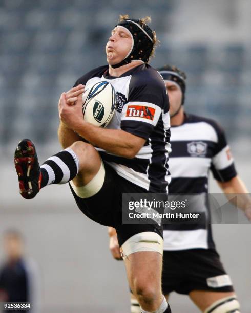 Thomas Waldrom of Hawkes Bay takes the high ball during the Air New Zealand Cup Semi Final match between Canterbury and Hawkes Bay at AMI Stadium on...