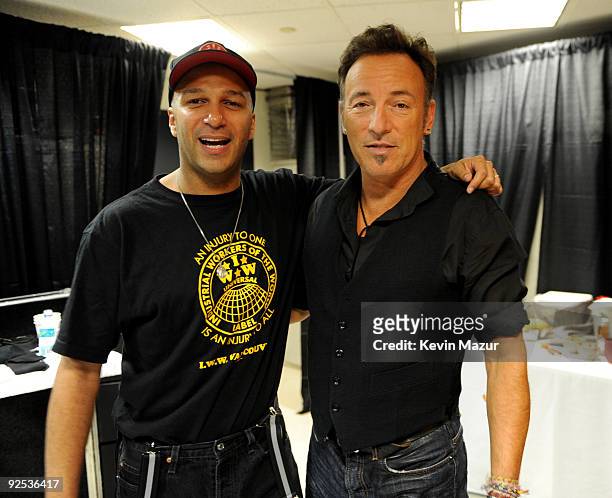 Tom Morello and Bruce Springsteen attends the 25th Anniversary Rock & Roll Hall of Fame Concert at Madison Square Garden on October 29, 2009 in New...