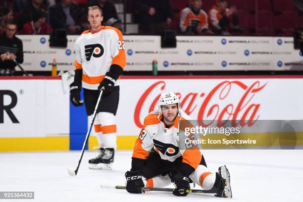 Philadelphia Flyers Defenceman Brandon Manning stretches at warm-up before the Philadelphia Flyers versus the Montreal Canadiens game on February 26...
